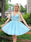 Elegant Light Blue V Neck Sleeveless Backless Lace Popular Short Homecoming Prom Dress, CPH14