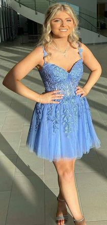 Gorgeous Blue Spaghetti Straps Sweetheart Sleeveless Applique Popular Short Homecoming Prom Dress, CPH146