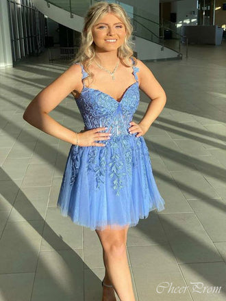 Gorgeous Blue Spaghetti Straps Sweetheart Sleeveless Applique Popular Short Homecoming Prom Dress, CPH146