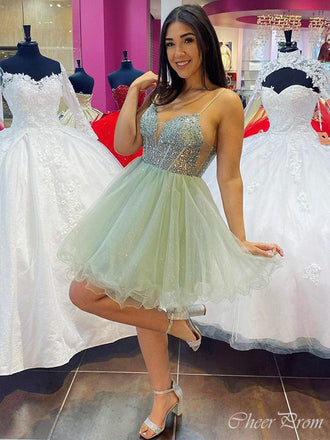Shiny Light Green Spaghetti Straps V Neck Sleeveless Sequin Popular Short Homecoming Prom Dress, CPH147