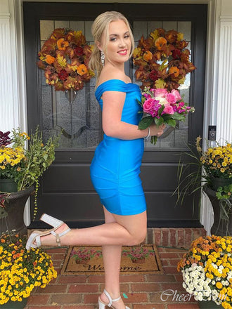 Charming Blue Off Shoulder Strapless Sleeveless Popular Short Homecoming Prom Dress, CPH151