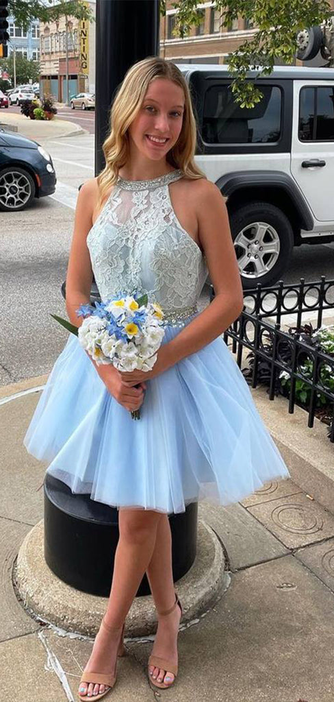 Elegant Light Blue Halter Sleeveless Backless Applique Popular Short Homecoming Prom Dress, CPH15