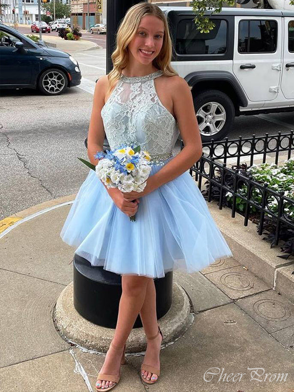 Elegant Light Blue Halter Sleeveless Backless Applique Popular Short Homecoming Prom Dress, CPH15