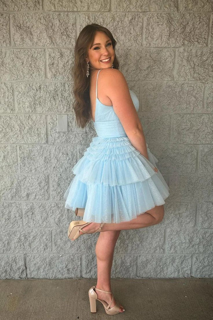 Gorgeous Light Blue Spaghetti Straps V Neck Sleeveless Ruffle Popular Short Homecoming Prom Dress, CPH16