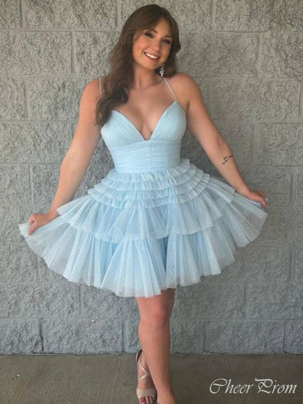 Gorgeous Light Blue Spaghetti Straps V Neck Sleeveless Ruffle Popular Short Homecoming Prom Dress, CPH16