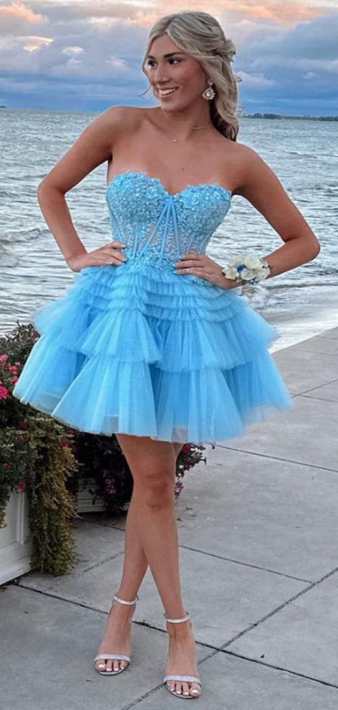 Gorgeous Blue Sweetheart Sleeveless Lace Ruffle Popular Short Homecoming Prom Dress, CPH228