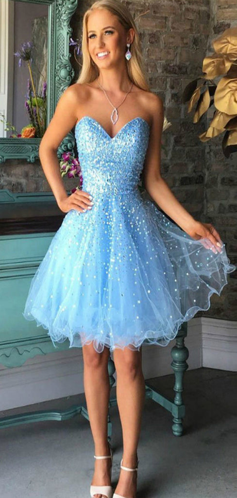 Sparkly Light Blue Strapless V Neck Sleeveless Sequin Popular Short Homecoming Prom Dress, CPH17