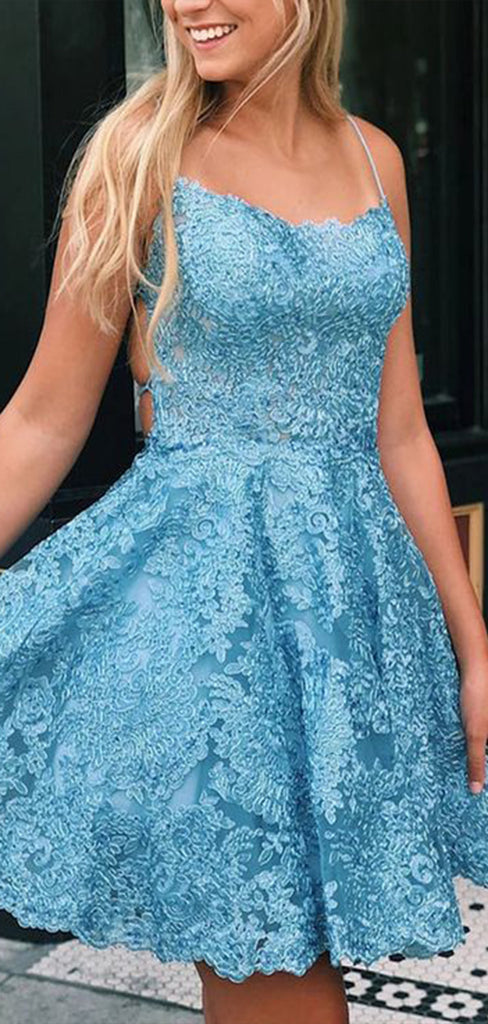 Elegant Spaghetti Straps Sleeveless Lace Applique Popular Short Homecoming Prom Dress, CPH20