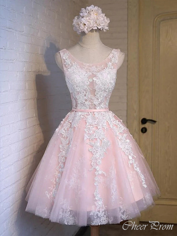 Gorgeous Pink Straps Sleeveless Applique Lace Popular Short Homecoming Prom Dress, CPH23