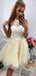 Elegant Yellow Halter Sleeveless Applique Lace Popular Short Homecoming Prom Dress, CPH24