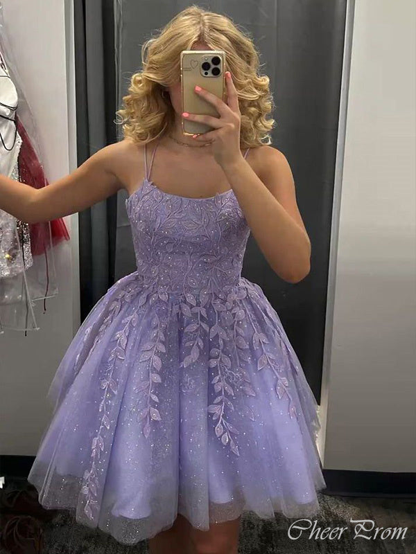 Charming Purple Spaghetti Straps Sleeveless Applique Lace Sequin Popular Short Homecoming Prom Dress, CPH26