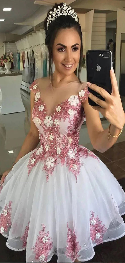 Floral V Neck Cap Shoulder Applique Beads Ball Gown Popular Short Homecoming Prom Dress, CPH27