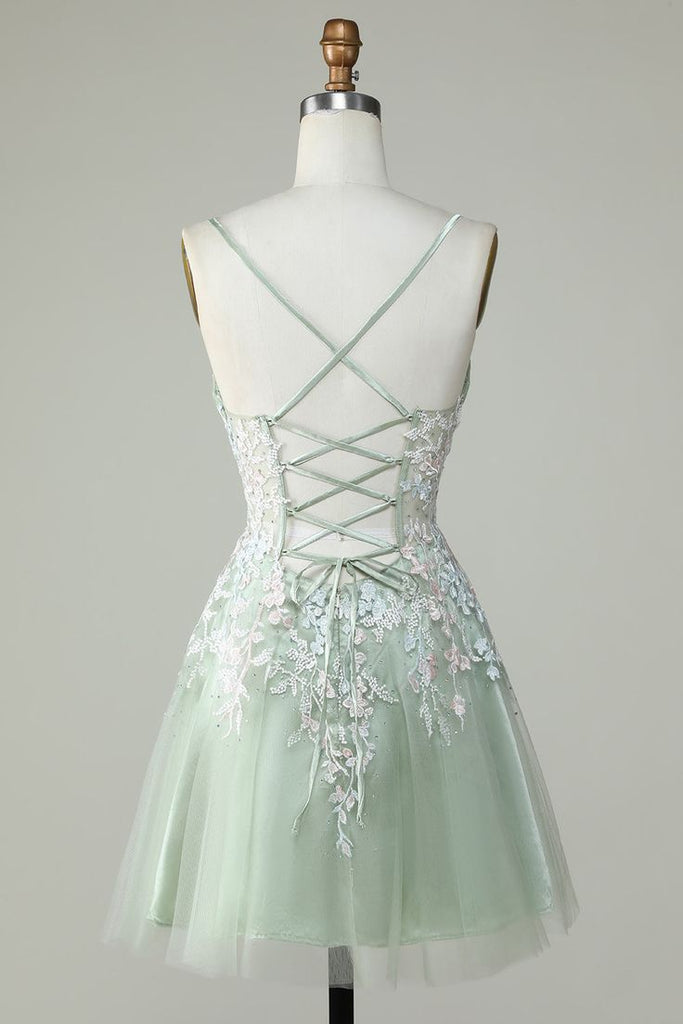 Gorgeous Light Green Spaghetti Straps V Neck Applique Sleeveless Popular Lace Short Homecoming Prom Dress, CPH233