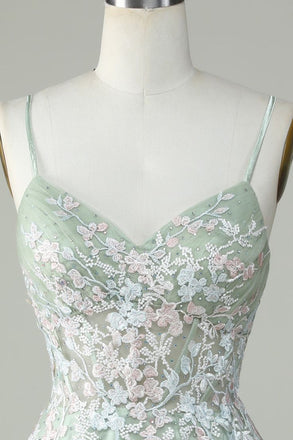 Gorgeous Light Green Spaghetti Straps V Neck Applique Sleeveless Popular Lace Short Homecoming Prom Dress, CPH233