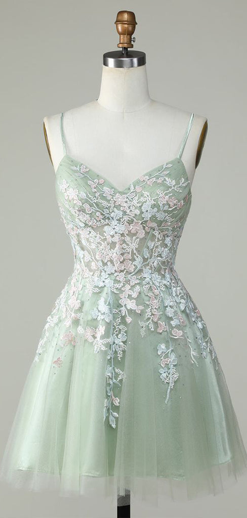 Gorgeous Light Green Spaghetti Straps V Neck Applique Sleeveless Popular Lace Short Homecoming Prom Dress, CPH233