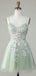 Gorgeous Light Green Spaghetti Straps V Neck Applique Sleeveless Popular Lace Short Homecoming Prom Dress, CPH233