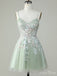 Gorgeous Light Green Spaghetti Straps V Neck Applique Sleeveless Popular Lace Short Homecoming Prom Dress, CPH233