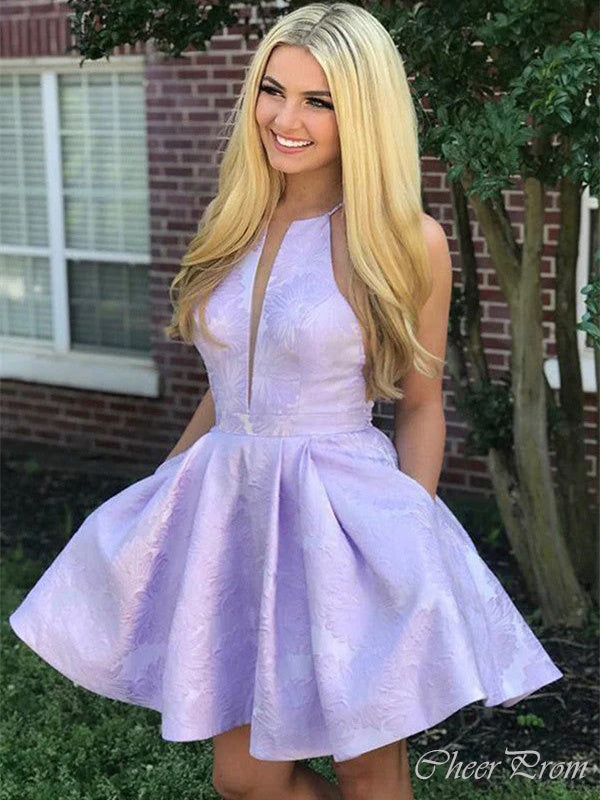 Unique Light Purple Halter Sleeveless Applique Popular Short Homecoming Prom Dress, CPH33