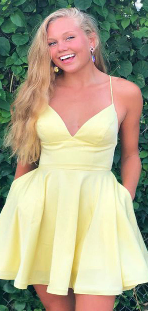 Simple Yellow Spaghetti Straps V Neck Sleeveless Popular Short Homecoming Prom Dress, CPH32