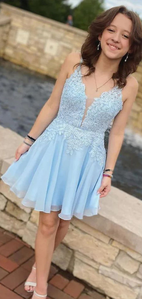 Gorgeous Light Blue Spaghetti Straps V Neck Sleeveless Applique Popular Short Homecoming Prom Dress, CPH36