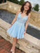 Gorgeous Light Blue Spaghetti Straps V Neck Sleeveless Applique Popular Short Homecoming Prom Dress, CPH36