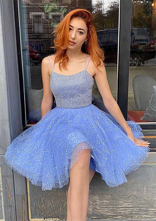 Sexy Mermaid Spaghetti Straps Lace Up Sequin Short Homecoming Prom Dress, CPH03