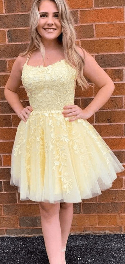 Elegant Yellow Spaghetti Straps Sleeveless Lace Popular Short Homecoming Prom Dress, CPH42