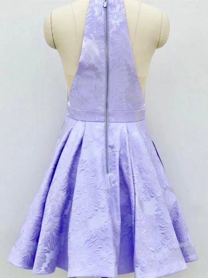 Unique Light Purple Halter Sleeveless Applique Popular Short Homecoming Prom Dress, CPH33