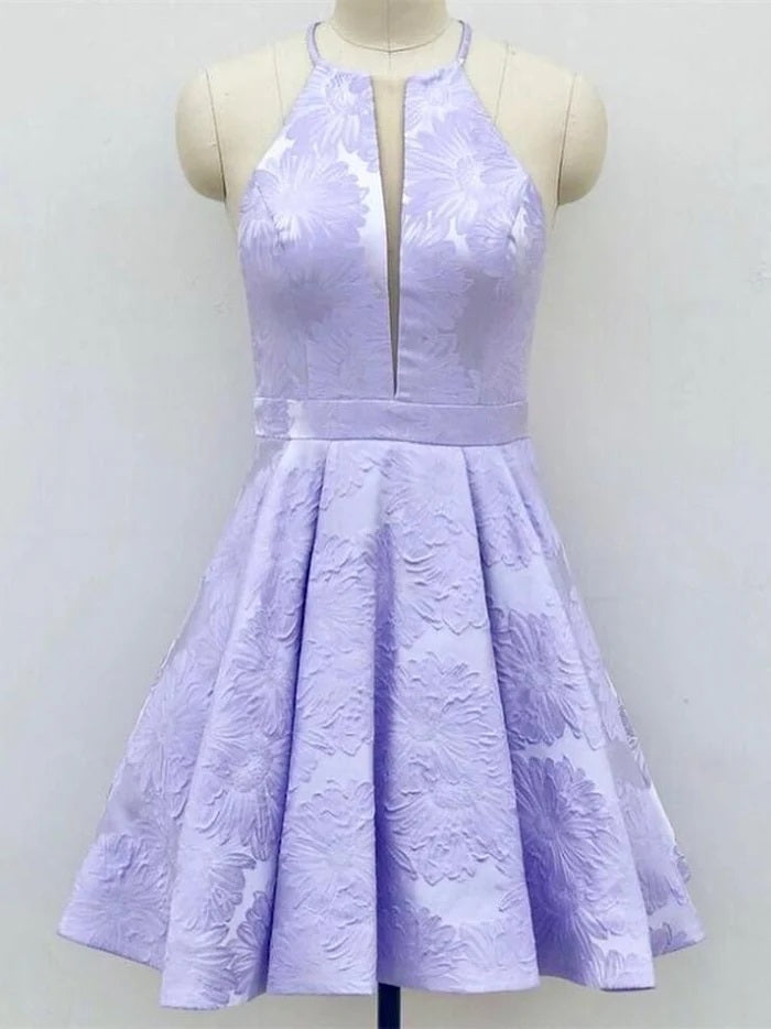 Unique Light Purple Halter Sleeveless Applique Popular Short Homecoming Prom Dress, CPH33