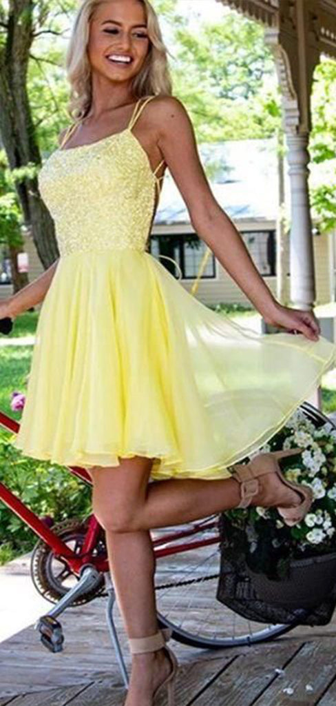 Gorgeous Yellow Spaghetti Straps Sleeveless Lace Popular Short Homecoming Prom Dress, CPH44