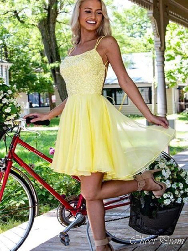 Gorgeous Yellow Spaghetti Straps Sleeveless Lace Popular Short Homecoming Prom Dress, CPH44