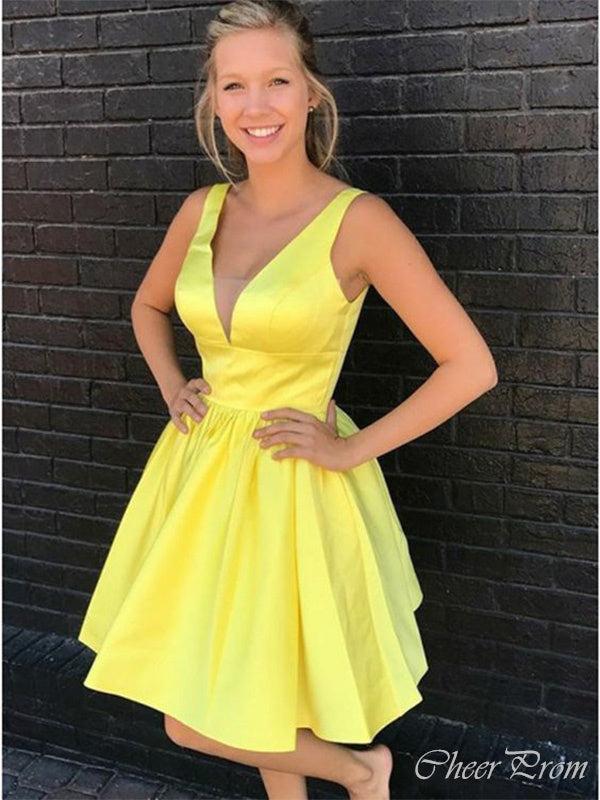 Elegant Light Yellow Straps V Neck Sleeveless Popular Short Homecoming Prom Dress, CPH46