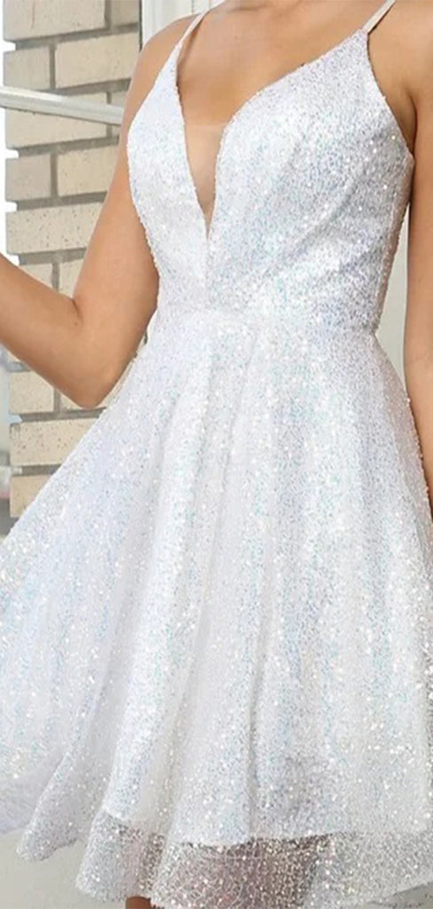 Shiny White Spaghetti Straps V Neck Sleeveless Sequin Popular Short Homecoming Prom Dress, CPH47