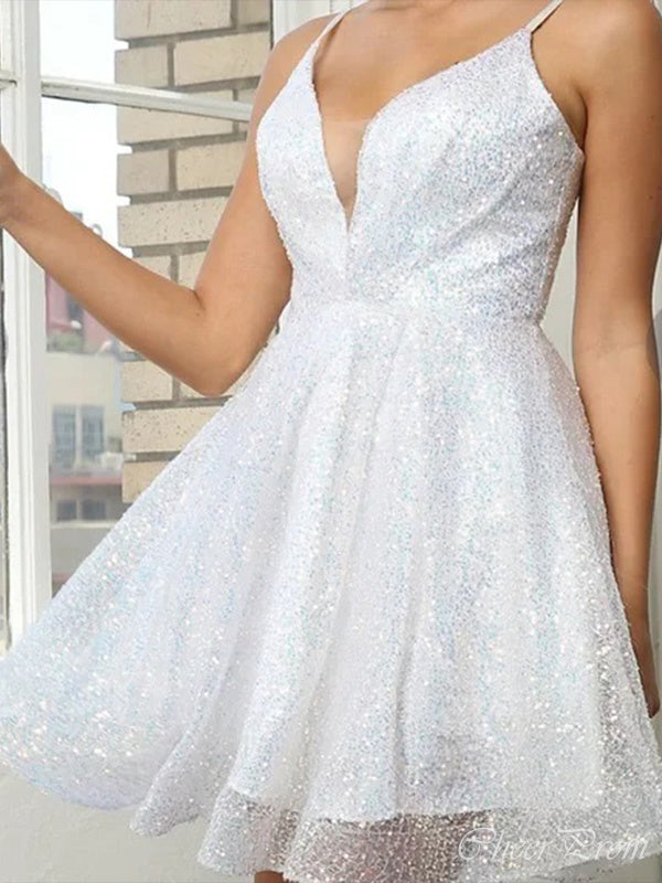 Shiny White Spaghetti Straps V Neck Sleeveless Sequin Popular Short Homecoming Prom Dress, CPH47