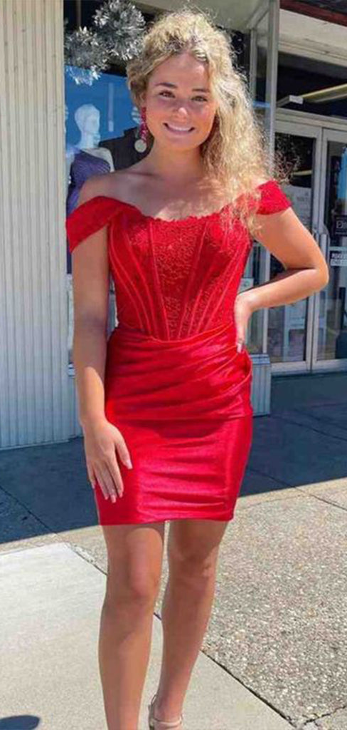 Sexy Red Mermaid Off Shoulder Lace Popular Short Homecoming Prom Dress, CPH55