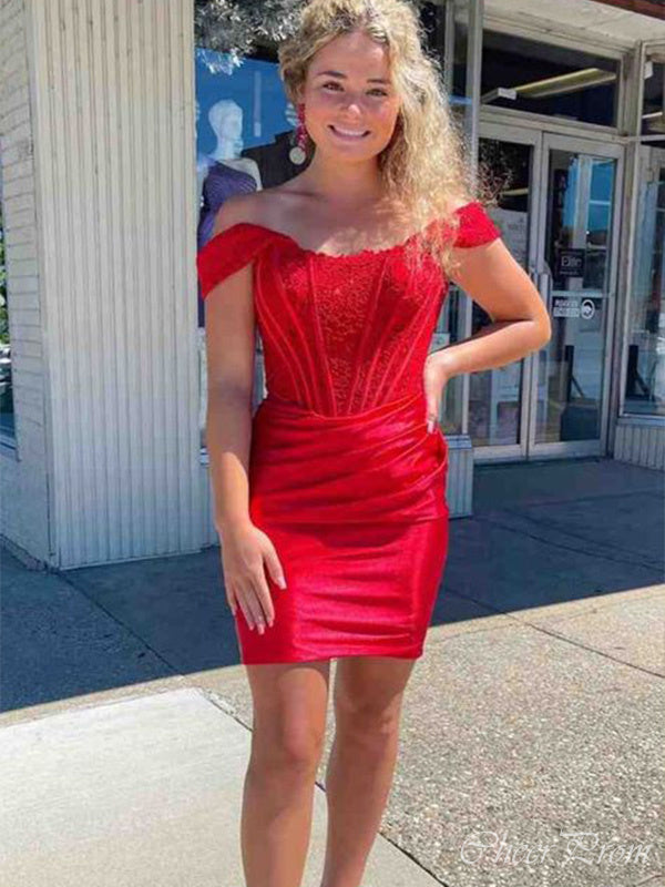 Sexy Red Mermaid Off Shoulder Lace Popular Short Homecoming Prom Dress, CPH55