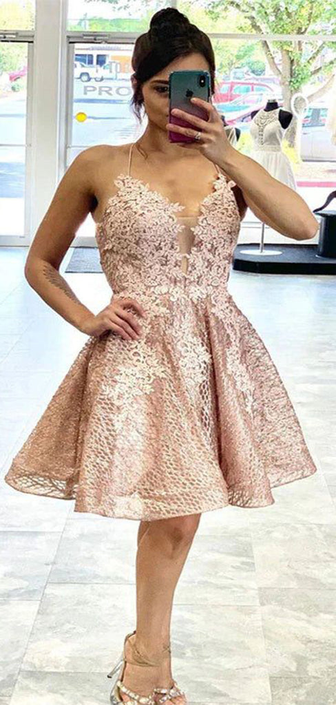 Elegant Spaghetti Straps V Neck Lace Popular Short Homecoming Prom Dress, CPH57