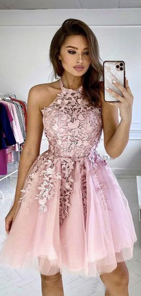 Gorgeous Pink Halter Sleeveless Lace Popular Short Homecoming Prom Dress, CPH61