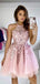 Gorgeous Pink Halter Sleeveless Lace Popular Short Homecoming Prom Dress, CPH61