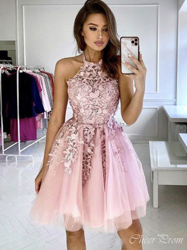 Gorgeous Pink Halter Sleeveless Lace Popular Short Homecoming Prom Dress, CPH61