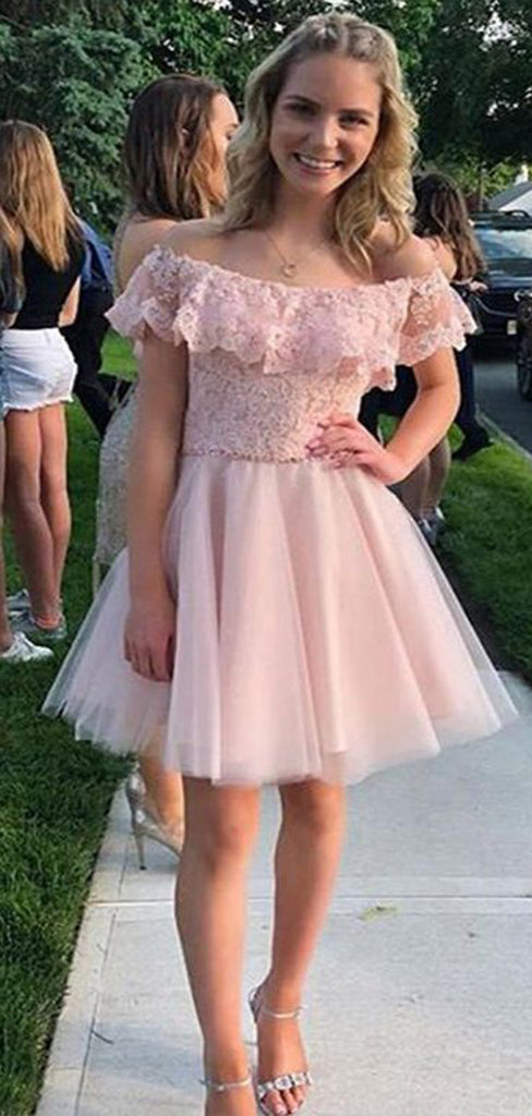 Elegant Pink Off Shoulder Sleeveless Lace Popular Short Homecoming Prom Dress, CPH62