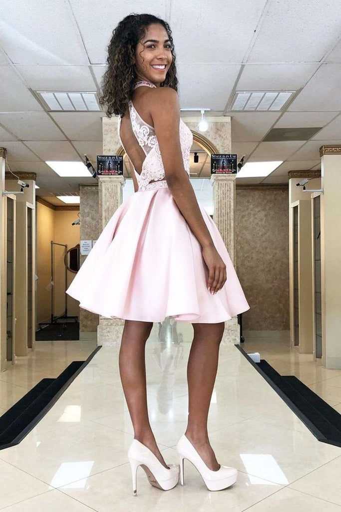 Two Pieces Pink Halter Sleeveless Lace Popular Short Homecoming Prom Dress, CPH63