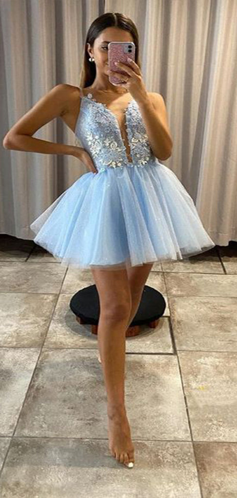 Gorgeous Blue Spaghetti Straps V Neck Sleeveless Applique Popular Short Homecoming Prom Dress, CPH67