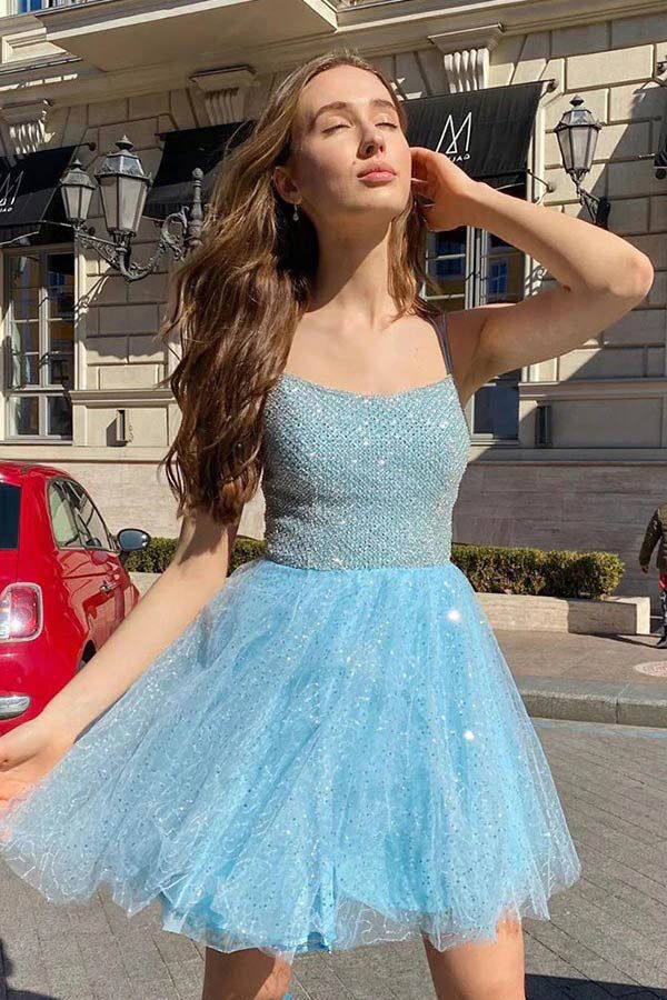 Elegant Spaghetti Straps Sleeveless Sequin Popular Short Homecoming Prom Dress, CPH69