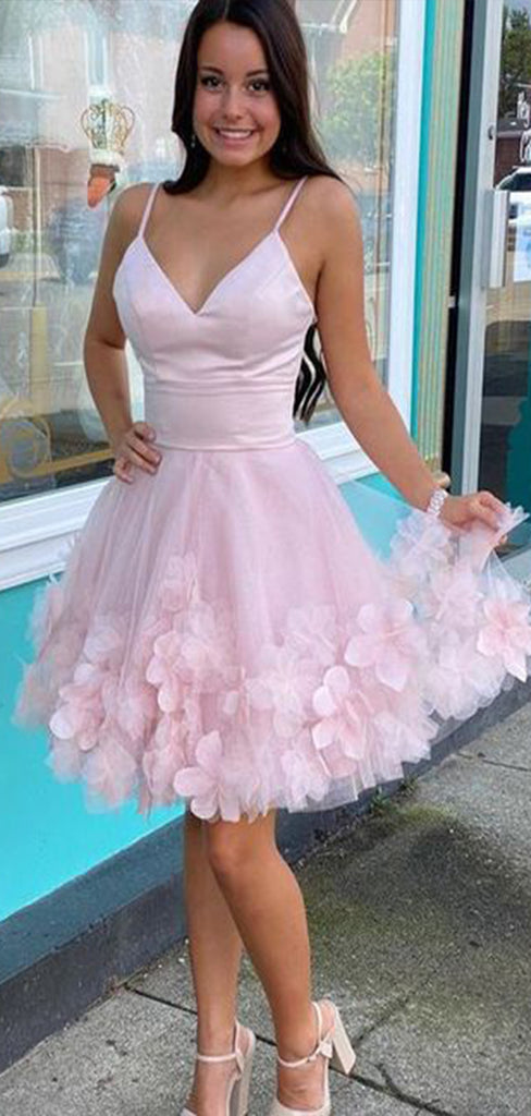 Gorgeous Pink Spaghetti Straps V Neck Sleeveless Applique Popular Short Homecoming Prom Dress, CPH72