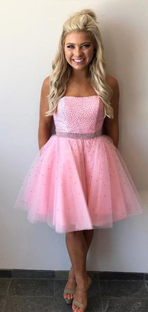 Shiny Pink Strapless Sleeveless Sequin Popular Short Homecoming Prom Dress, CPH73