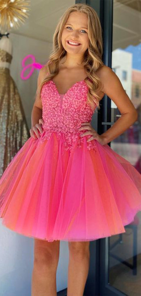 Elegant Straps V Neck Sleeveless Applique Popular Short Homecoming Prom Dress, CPH74