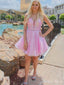 Elegant Pink Spaghetti Straps V Neck Sleeveless Popular Short Homecoming Prom Dress, CPH75