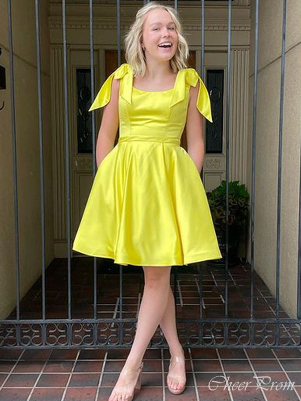 Gorgeous Yellow Straps Square Sleeveless Popular Short Homecoming Prom Dress, CPH76