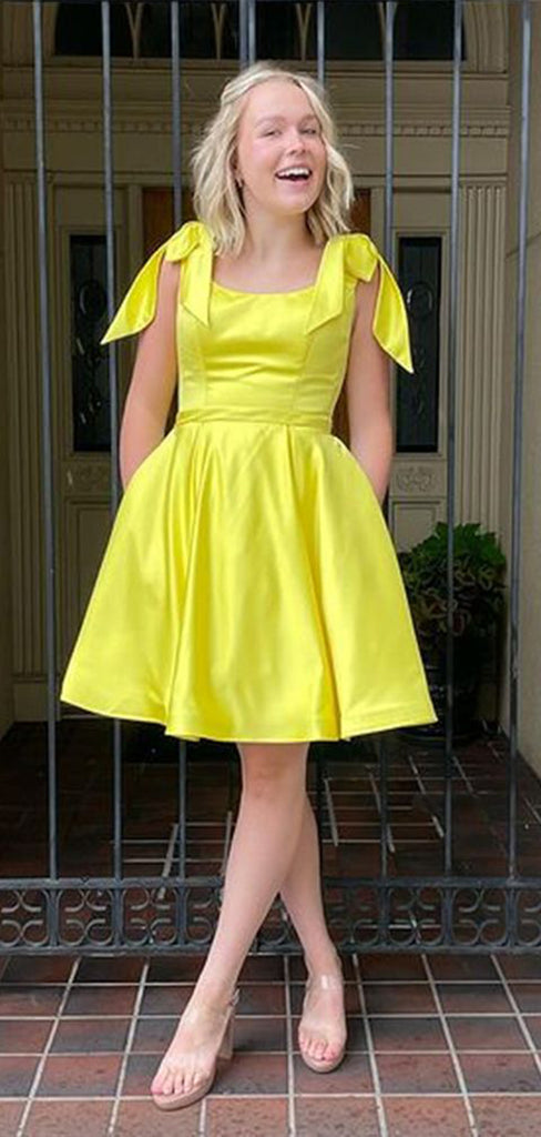 Gorgeous Yellow Straps Square Sleeveless Popular Short Homecoming Prom Dress, CPH76